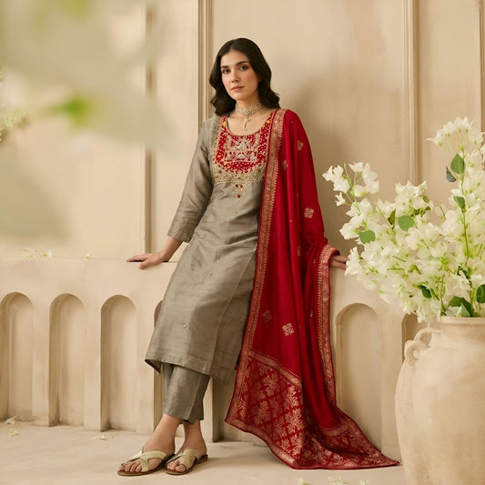 Grey Silk Kurti Trousers & Heavy Dupatta 3-Piece Set