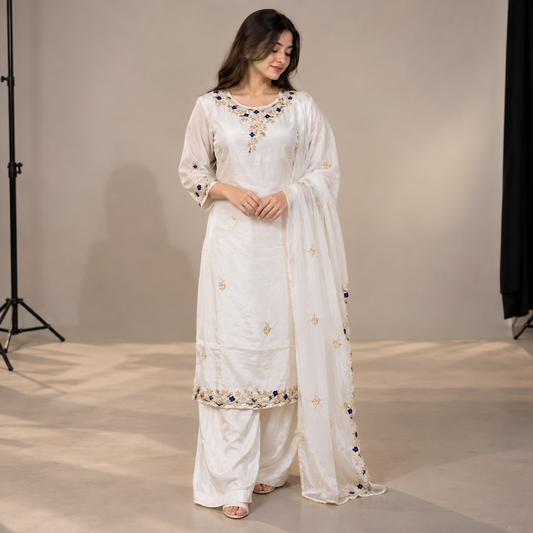 white  LUXURY Kurti 3 piece set with premimum fabric and intricate hand emboidery work
