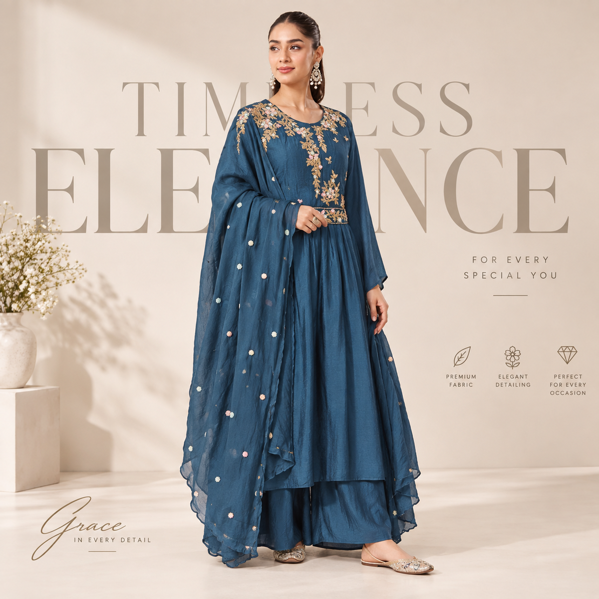 Calastial teal premium tissue silk suit with Floral Zari Handwork