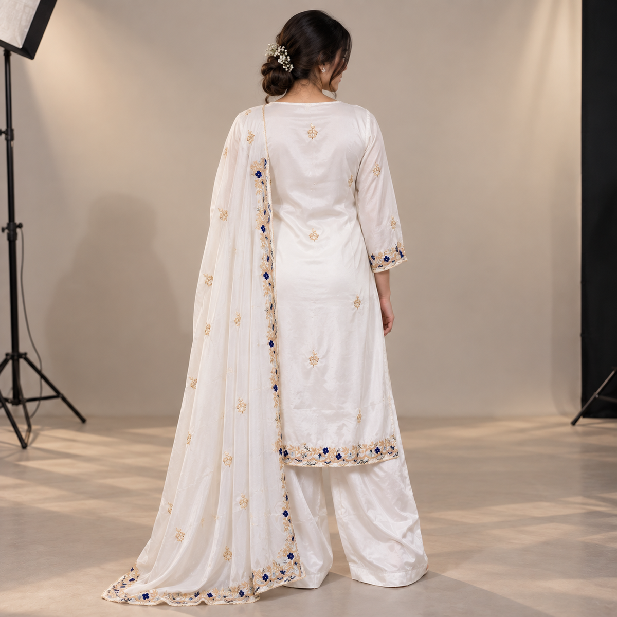 white  LUXURY Kurti 3 piece set with premimum fabric and intricate hand emboidery work