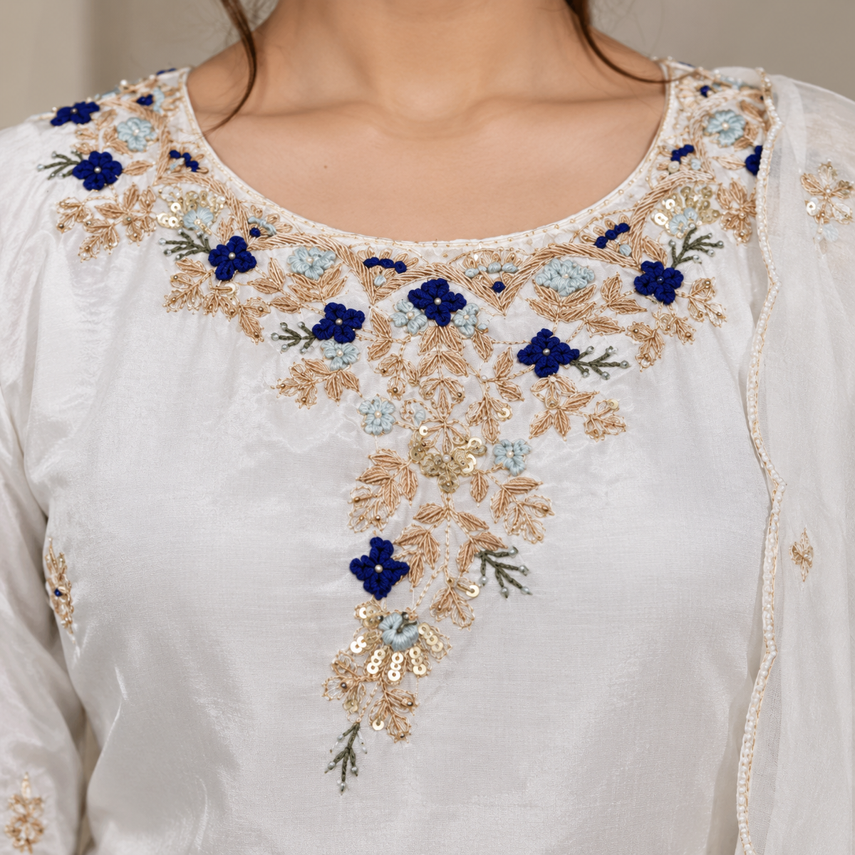 white  LUXURY Kurti 3 piece set with premimum fabric and intricate hand emboidery work