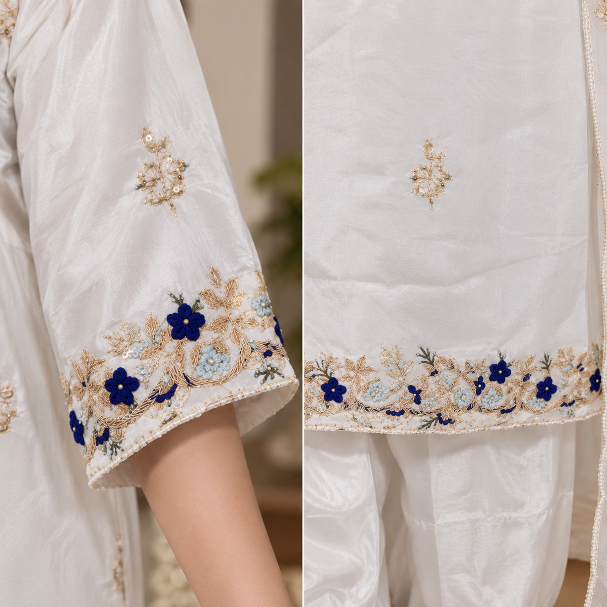 white  LUXURY Kurti 3 piece set with premimum fabric and intricate hand emboidery work