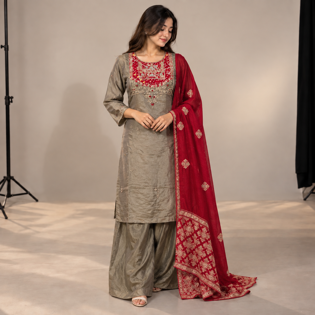 Grey Silk Kurti Trousers & Heavy Dupatta 3-Piece Set