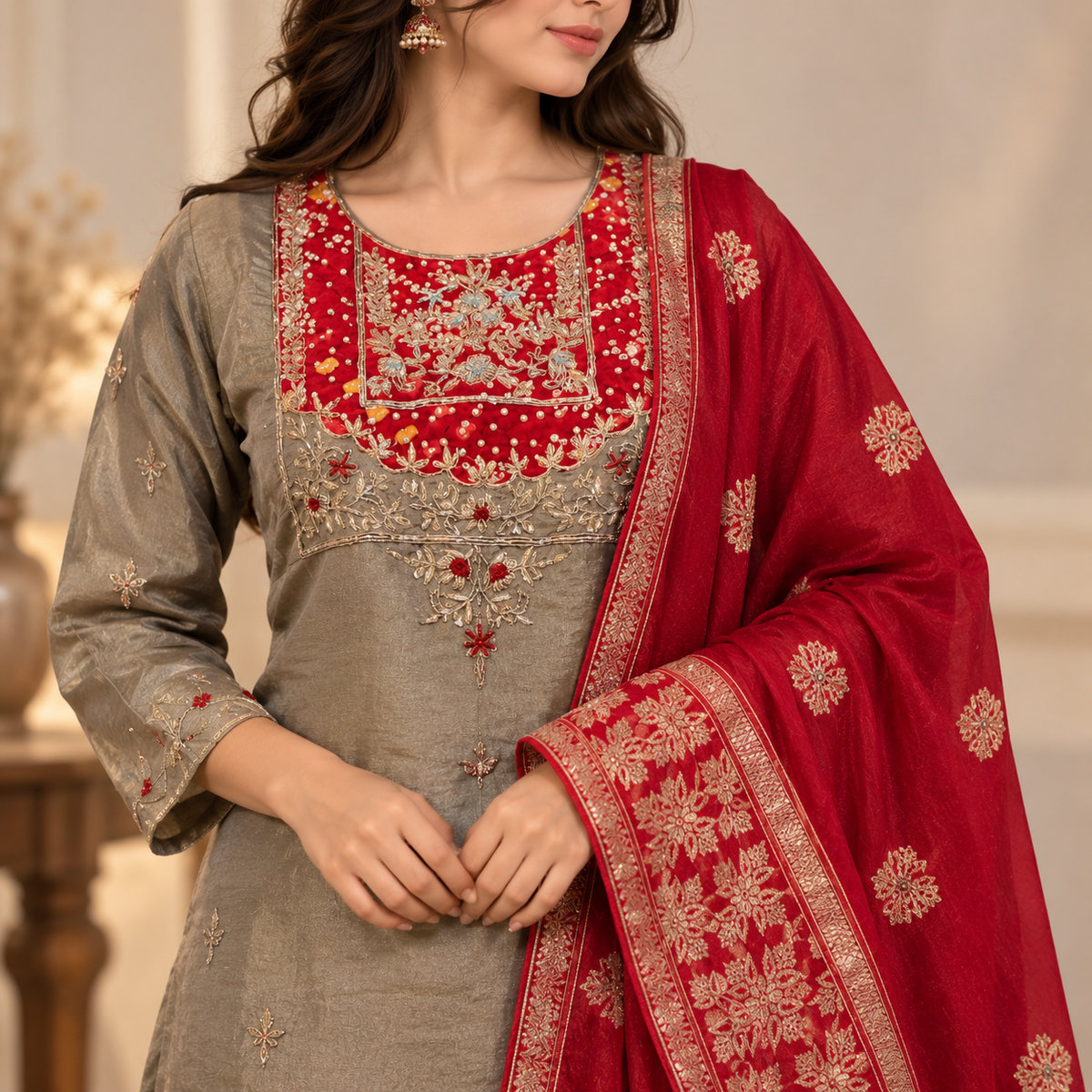 Grey Silk Kurti Trousers & Heavy Dupatta 3-Piece Set