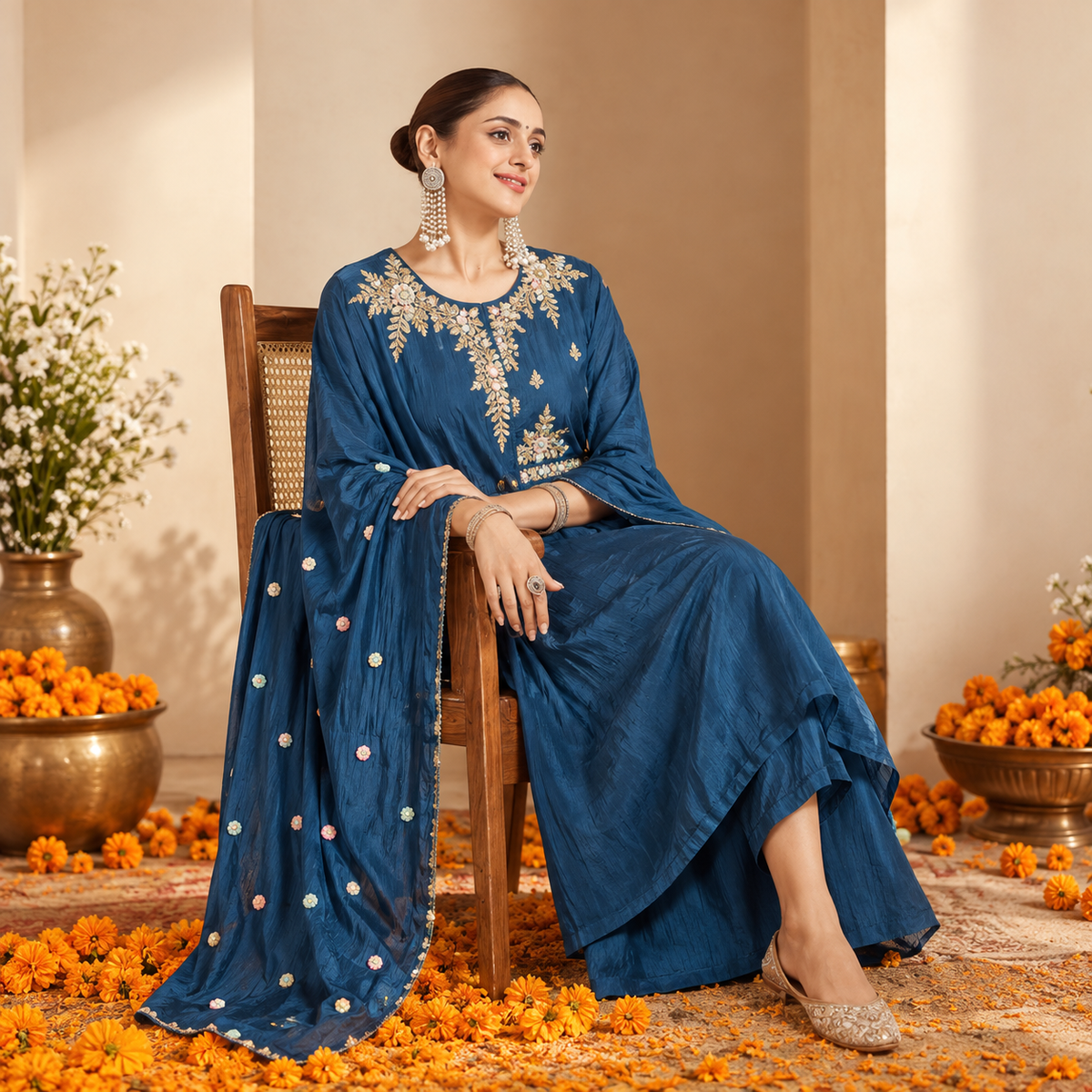 Calastial teal premium tissue silk suit with Floral Zari Handwork