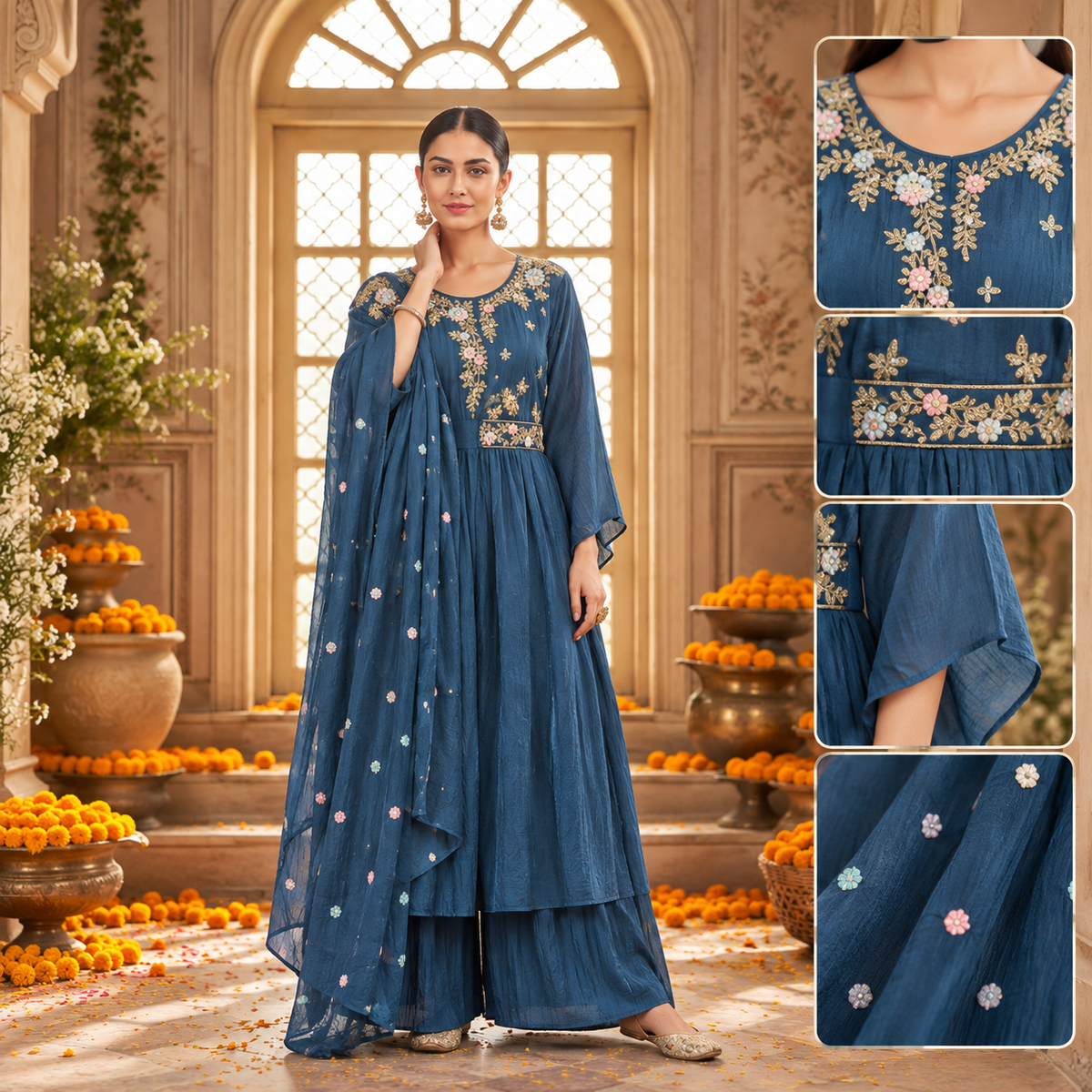 Calastial teal premium tissue silk suit with Floral Zari Handwork