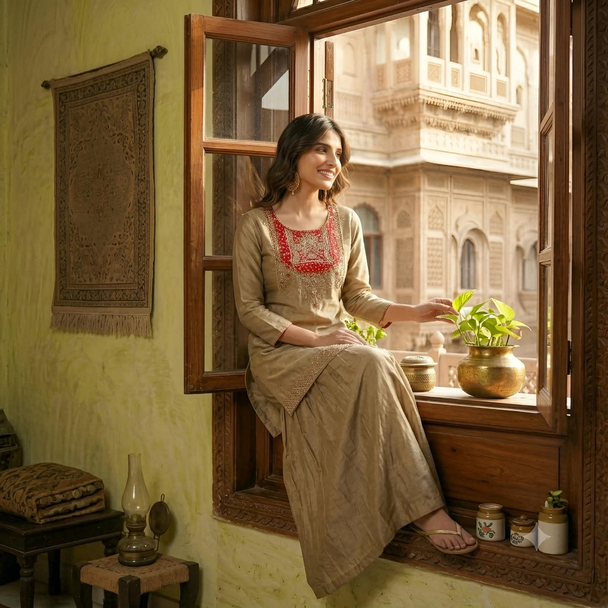 Grey Silk Kurti Trousers & Heavy Dupatta 3-Piece Set