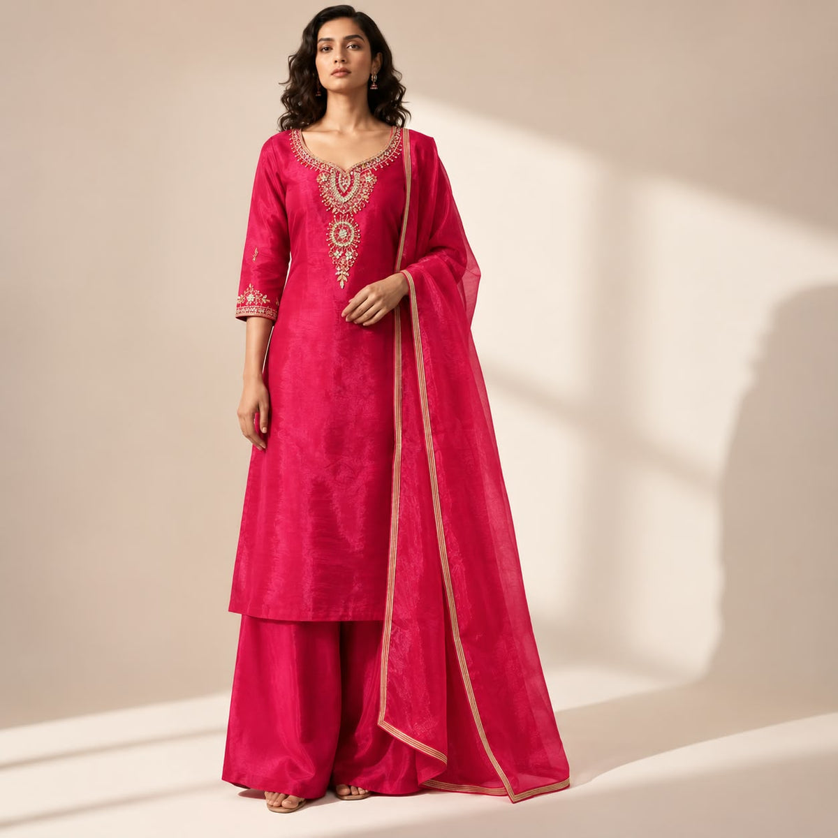 Festive Rani Pink Sharara Suit Set with Elegant Zari & Sequin Work