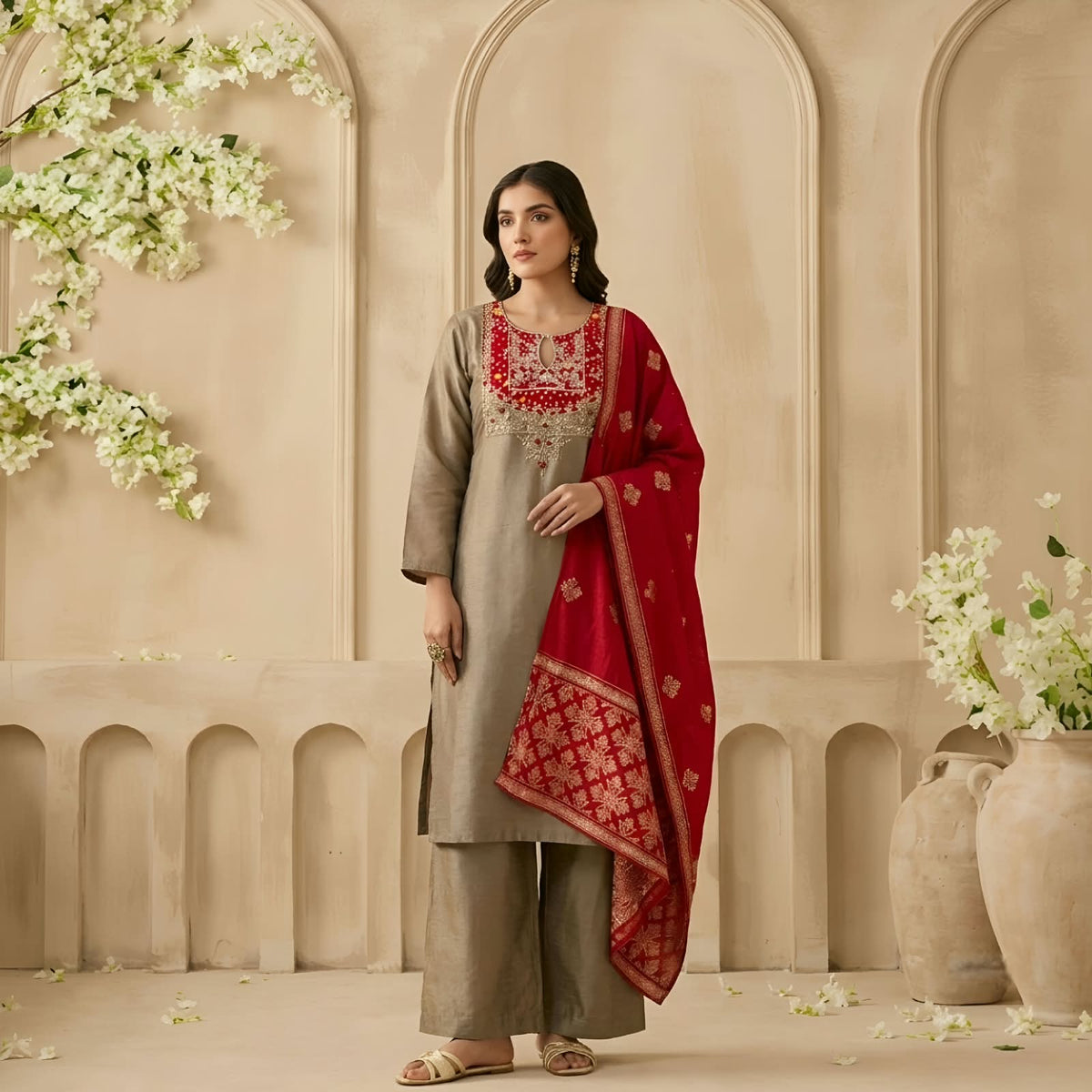 Grey Silk Kurti Trousers & Heavy Dupatta 3-Piece Set