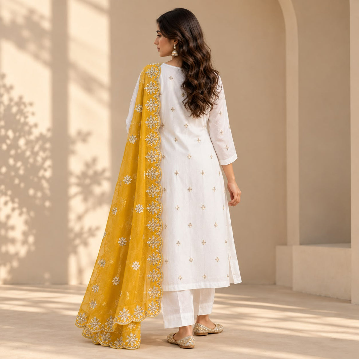 Royal IVORY BICHITRA SILK KURTI SET WITH MUSTARD YELLOW DUPATTA