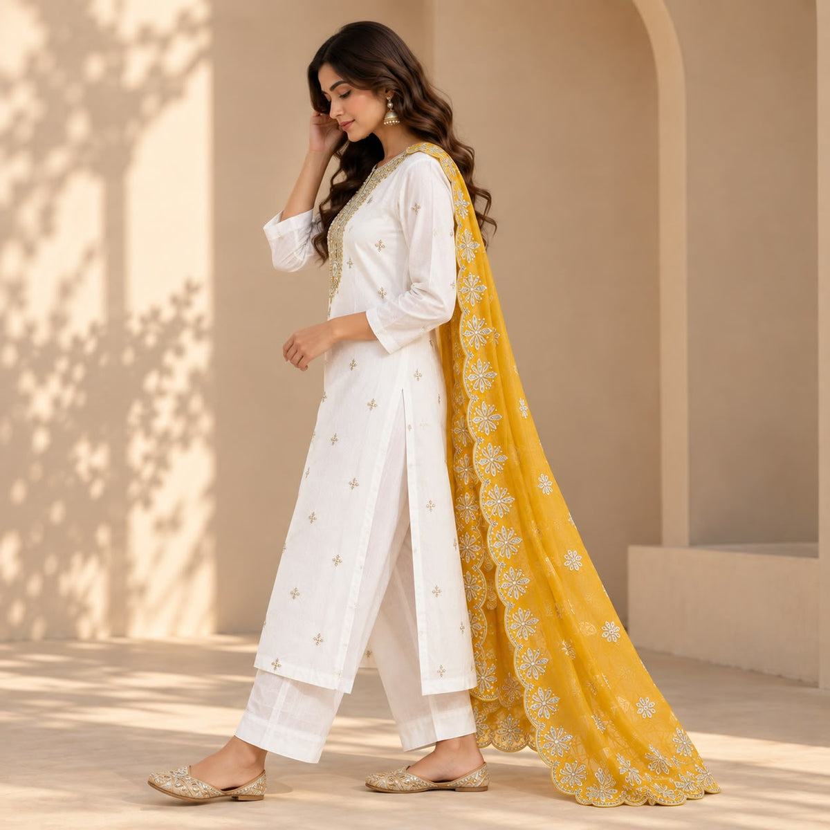Royal IVORY BICHITRA SILK KURTI SET WITH MUSTARD YELLOW DUPATTA