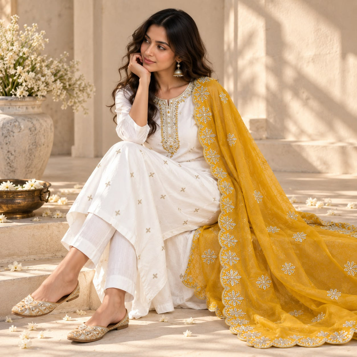 Royal IVORY BICHITRA SILK KURTI SET WITH MUSTARD YELLOW DUPATTA
