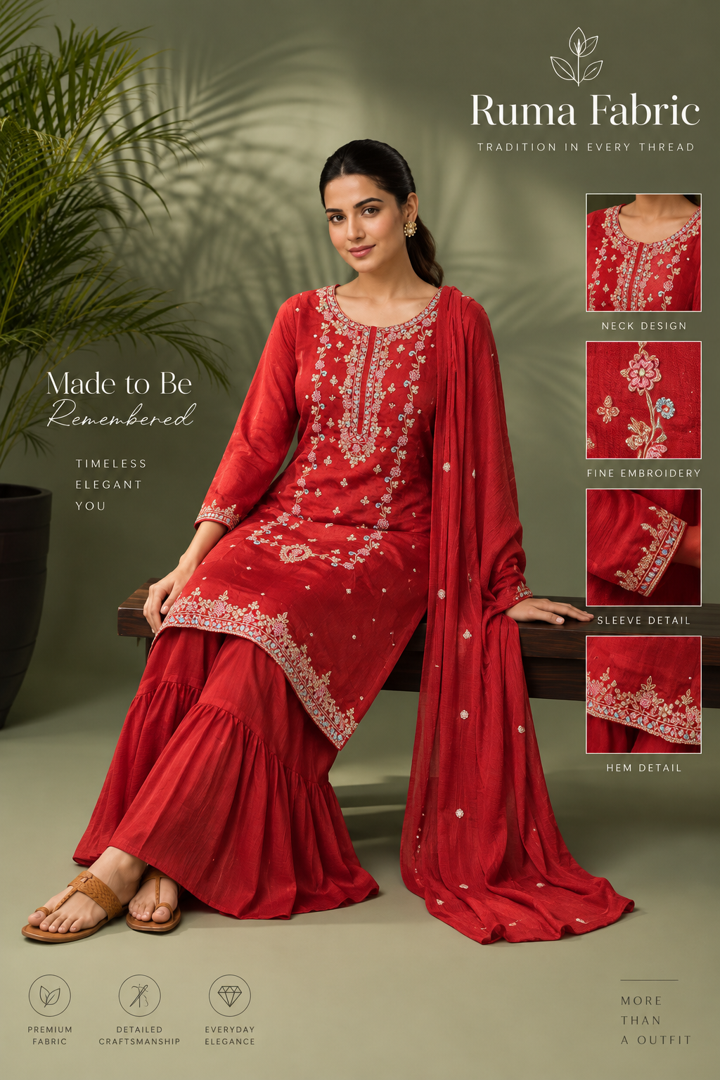 Metallic Gold-Olive Silk Suit with Red Embroidered Dupatta