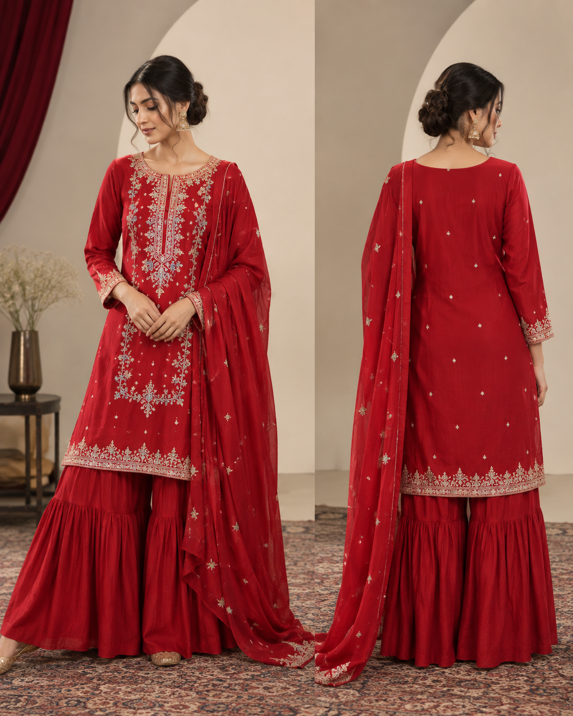 Metallic Gold-Olive Silk Suit with Red Embroidered Dupatta