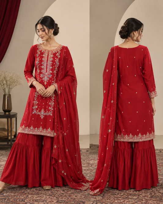 Metallic Gold-Olive Silk Suit with Red Embroidered Dupatta